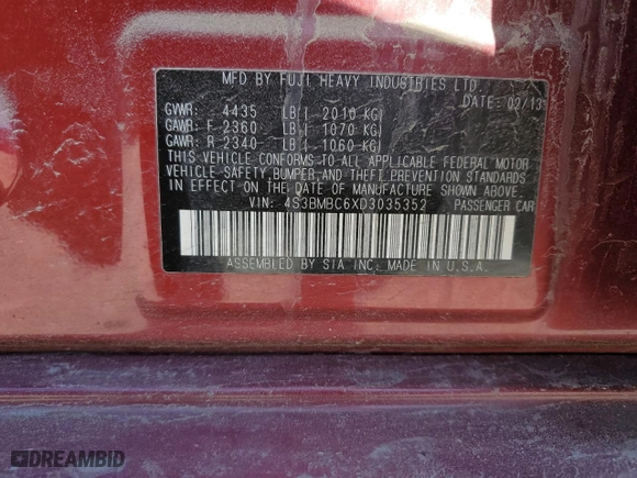 2013 Subaru Legacy 2.5i Premium with VIN 4S3BMBC6XD3035352, listed as a Copart auction lot 48507115 with 100,539 mi miles and Salvage Title. Bid and sale history available at carsss.com. Image 14.