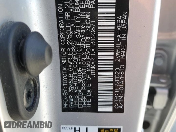 2020 Toyota Prius L Eco with VIN JTDKARFUXL3120671, listed as a Copart auction lot 57913335 with 67,933 mi miles and Salvage title. Bid and sale history available at DreamBid. Image 13.