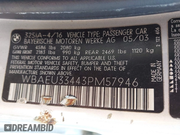 2003 BMW 3 Series 325xi with VIN WBAEU33443PM57946, listed as a IAAI auction lot 42305280 with Not provided miles and . Bid and sale history available at DreamBid. Image 9.