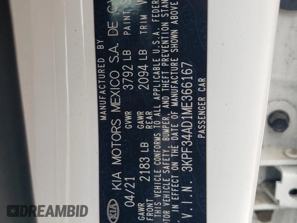 2021 Kia Forte GT-Line z VIN 3KPF34AD1ME366167, wystawiony jako Copart lot #58036625 z przebiegiem 86 179 mil mil oraz Szkoda całkowita • Salvage title. Historia ofert i sprzedaży dostępna na DreamBid. Obrazek 12.