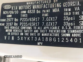 2011 Kia Sorento LX with VIN 5XYKT3A18BG125401, listed as a IAAI auction lot 42123824 with 284,660 mi miles. Bid and sale history available at carsss.com. Image 9.