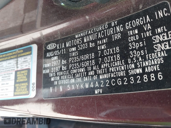 2012 Kia Sorento SX with VIN 5XYKW4A22CG232886, listed as a IAAI auction lot 42143760 with 226,098 mi miles. Bid and sale history available at carsss.com. Image 9.