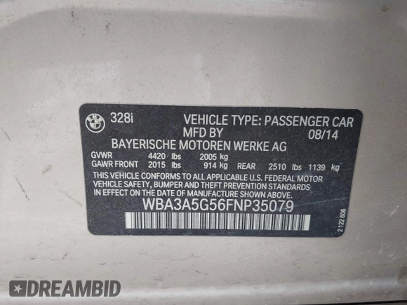 2015 BMW 3 Series 328i with VIN WBA3A5G56FNP35079, listed as a IAAI auction lot 42032900 with 107,862 mi miles and . Bid and sale history available at DreamBid. Image 9.