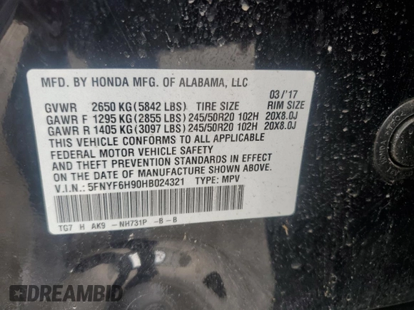2017 Honda Pilot Touring with VIN 5FNYF6H90HB024321, listed as a Copart auction lot 57459895 with 134,244 mi miles and Salvage title. Bid and sale history available at DreamBid. Image 13.