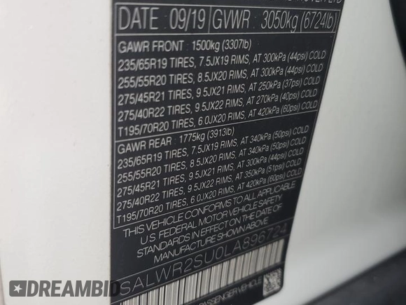 2020 Land Rover Range Rover Sport HSE with VIN SALWR2SU0LA896724, listed as a Copart auction lot 59272225 with Not provided miles and Clean title. Bid and sale history available at DreamBid. Image 14.