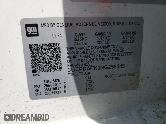 2024 Chevrolet Silverado 1500 with VIN 3GCPDAEK1RG258345, listed as a Copart auction lot 47882665 with 17,770 mi miles and Salvage Title. Bid and sale history available at DreamBid. Image 13.