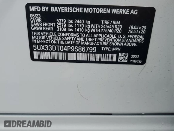 2023 BMW X4 xDrive30i with VIN 5UX33DT04P9S86799, listed as a Copart auction lot 66186003 with 0 mi miles. Bid and sale history available at carsss.com. Image 15.