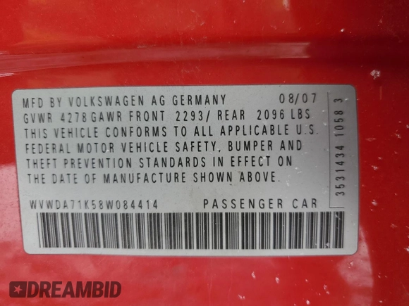 2008 Volkswagen Rabbit S with VIN WVWDA71K58W084414, listed as a Copart auction lot 85802284 with 155,230 mi miles and Salvage title. Bid and sale history available at DreamBid. Image 12.