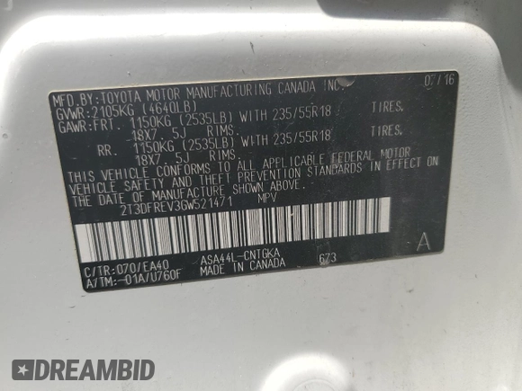 2016 Toyota RAV4 Limited with VIN 2T3DFREV3GW521471, listed as a Copart auction lot 62199745 with 51,056 mi miles and Clean title. Bid and sale history available at DreamBid. Image 13.