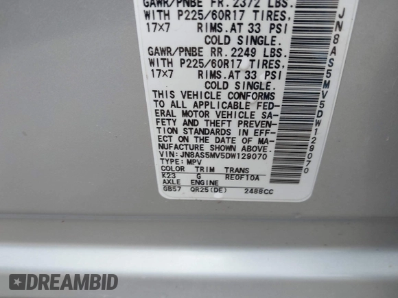 2013 Nissan Rogue S with VIN JN8AS5MV5DW129070, listed as a IAAI auction lot 41720597 with 99,892 mi miles and . Bid and sale history available at DreamBid. Image 9.