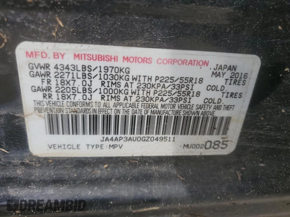 2016 Mitsubishi Outlander ES with VIN JA4AP3AU0GZ049511, listed as a Copart auction lot 56760925 with 80,916 mi miles and Salvage title. Bid and sale history available at DreamBid. Image 13.