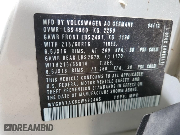 2012 Volkswagen Tiguan S with VIN WVGBV7AX6CW599465, listed as a Copart auction lot 54401705 with 107,434 mi miles and Clean Title. Bid and sale history available at DreamBid. Image 13.