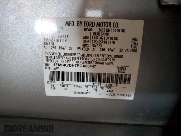 2023 Ford Explorer XLT with VIN 1FMSK7DH7PGA86447, listed as a Copart auction lot 49161765 with 49,840 mi miles and Salvage Title. Bid and sale history available at carsss.com. Image 12.