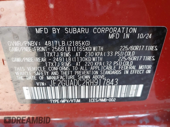 2024 Subaru Crosstrek Premium с VIN JF2GUADC2RH917843, выставлен на аукционе IAAI как лот 41494133 с пробегом 626 миль миль и . История ставок и продаж доступна на DreamBid. Изображение 9.