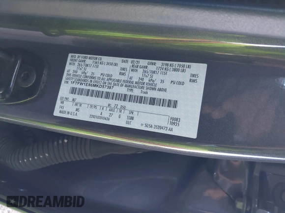 2021 Ford F-150 XL with VIN 1FTFW1E86MKD57397, listed as a IAAI auction lot 42174774 with 59,227 mi miles and . Bid and sale history available at DreamBid. Image 9.