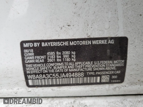 2018 BMW 3 Series 320i xDrive with VIN WBA8A3C55JA494888, listed as a Copart auction lot 87459204 with 86,876 mi miles and Salvage title. Bid and sale history available at DreamBid. Image 12.