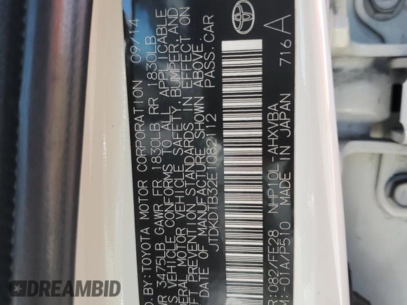 2014 Toyota Prius One z VIN JTDKDTB32E1082112, wystawiony jako Copart lot #54793635 z przebiegiem 237 505 mil mil oraz Szkoda całkowita • Salvage title. Historia ofert i sprzedaży dostępna na DreamBid. Obrazek 13.