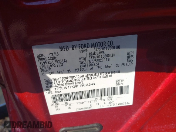 2015 Ford F-150 XLT with VIN 1FTEW1EG9FFA66343, listed as a IAAI auction lot 41497429 with 105,013 mi miles. Bid and sale history available at carsss.com. Image 9.