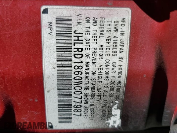 1998 Honda CR-V EX with VIN JHLRD1860WC077987, listed as a Copart auction lot 78651454 with 262,139 mi miles and Salvage Title. Bid and sale history available at carsss.com. Image 13.