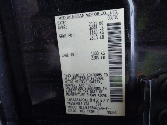 2010 Nissan Maxima 3.5 SV w/Sport Pkg with VIN 1N4AA5AP0AC842577, listed as a IAAI auction lot 42015887 with 96,063 mi miles. Bid and sale history available at carsss.com. Image 9.