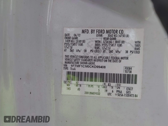 2012 Ford F-150 XL с VIN 1FTMF1CM0CKD99408, выставлен на аукционе IAAI как лот 42684631 с пробегом 65 606 миль миль и . История ставок и продаж доступна на DreamBid. Изображение 9.