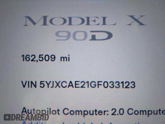 2016 Tesla Model X 70D with VIN 5YJXCAE21GF033123, listed as a IAAI auction lot 39813497 with 162,509 mi miles and . Bid and sale history available at DreamBid. Image 7.
