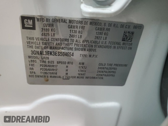 2014 Chevrolet Captiva Sport LT with VIN 3GNAL3EK3ES504654, listed as a Copart auction lot 76319864 with 76,433 mi miles and Salvage Title. Bid and sale history available at DreamBid. Image 13.