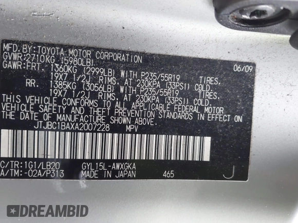 2010 Lexus RX 450h with VIN JTJBC1BAXA2007228, listed as a IAAI auction lot 42045043 with 190,964 mi miles and . Bid and sale history available at DreamBid. Image 9.