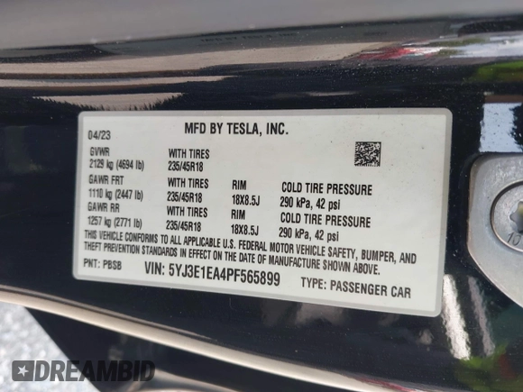 2023 Tesla Model 3 z VIN 5YJ3E1EA4PF565899, wystawiony jako IAAI lot #42436473 z przebiegiem 30 141 mil mil oraz . Historia ofert i sprzedaży dostępna na DreamBid. Obrazek 9.