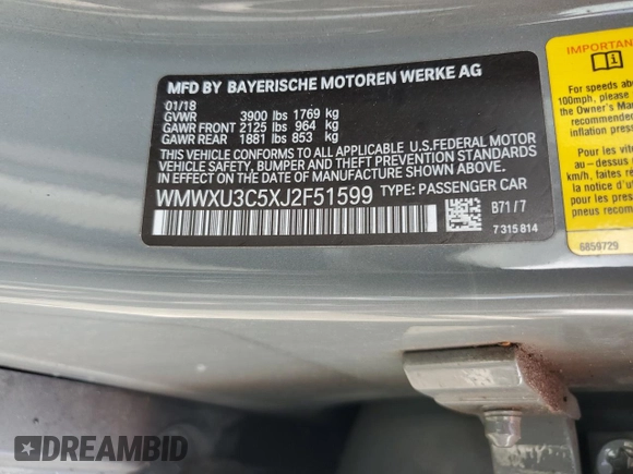 2018 MINI Hardtop 4 Door Cooper S с VIN WMWXU3C5XJ2F51599, выставлен на аукционе Copart как лот 59171195 с пробегом 53 484 миль миль и Списание • Salvage title. История ставок и продаж доступна на DreamBid. Изображение 12.