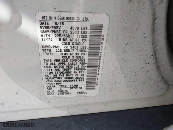 2016 Nissan Rogue S with VIN JN8AT2MV5GW141929, listed as a IAAI auction lot 41585948 with 105,464 mi miles. Bid and sale history available at carsss.com. Image 9.