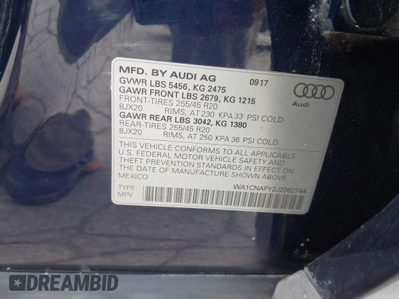 2018 Audi Q5 Prestige with VIN WA1CNAFY2J2062744, listed as a IAAI auction lot 41401459 with 126,097 mi miles. Bid and sale history available at carsss.com. Image 9.