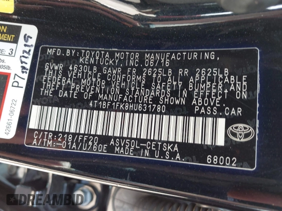 2017 Toyota Camry XLE with VIN 4T1BF1FK8HU631780, listed as a IAAI auction lot 41899688 with 122,613 mi miles and . Bid and sale history available at DreamBid. Image 9.