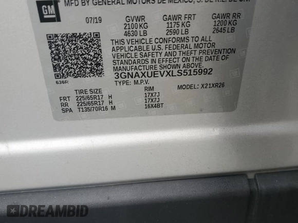 2020 Chevrolet Equinox LT with VIN 3GNAXUEVXLS515992, listed as a Copart auction lot 54659685 with 41,269 mi miles and Salvage Title. Bid and sale history available at DreamBid. Image 13.