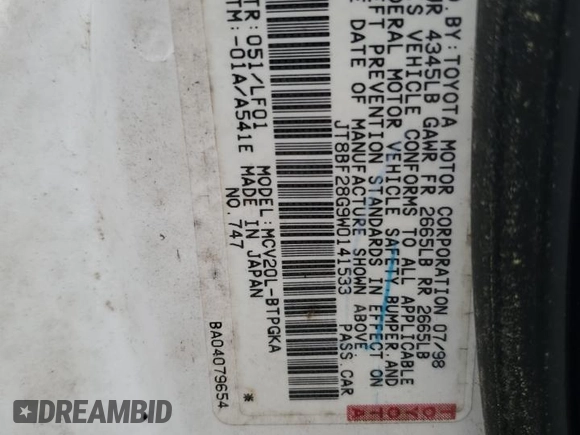 1998 Lexus ES 300 с VIN JT8BF28G9W0141533, выставлен на аукционе Copart как лот 51620225 с пробегом 141 068 миль миль и Списание • Salvage title. История ставок и продаж доступна на DreamBid. Изображение 14.