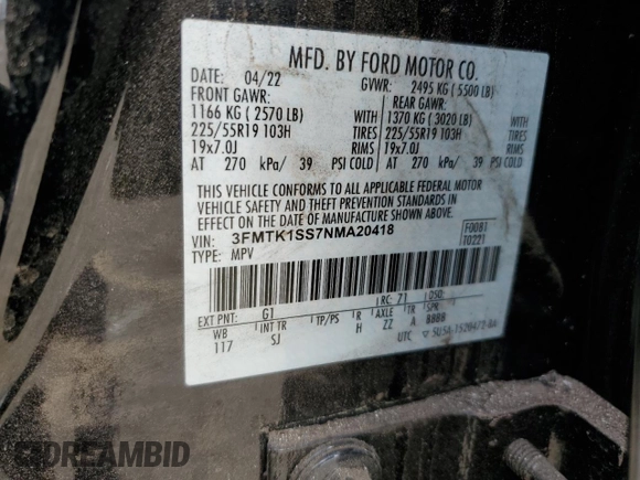 2022 Ford Mustang Mach-E Select with VIN 3FMTK1SS7NMA20418, listed as a Copart auction lot 46099935 with 13,390 mi miles and Salvage title. Bid and sale history available at DreamBid. Image 13.