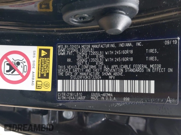2019 Toyota Highlander SE with VIN 5TDJZRFH3KS732604, listed as a IAAI auction lot 41660910 with Not provided miles and . Bid and sale history available at DreamBid. Image 9.