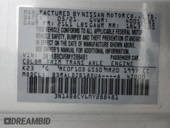 2021 Nissan Sentra SV with VIN 3N1AB8CV6MY288481, listed as a Copart auction lot 59958195 with 33,644 mi miles and Salvage title. Bid and sale history available at DreamBid. Image 13.