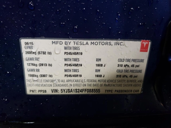 2015 Tesla Model S 85D with VIN 5YJSA1S24FF088555, listed as a Copart auction lot 86726754 with 85,653 mi miles and Salvage Title. Bid and sale history available at carsss.com. Image 12.