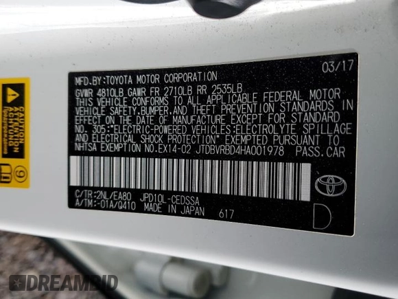 2017 Toyota Mirai z VIN JTDBVRBD4HA001978, wystawiony jako Copart lot #52355075 z przebiegiem 80 459 mil mil oraz Czysty tytuł • Clean title. Historia ofert i sprzedaży dostępna na DreamBid. Obrazek 12.