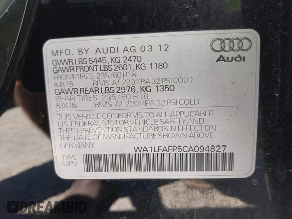 2012 Audi Q5 Premium Plus with VIN WA1LFAFP5CA094827, listed as a IAAI auction lot 42707989 with 183,135 mi miles and . Bid and sale history available at DreamBid. Image 9.