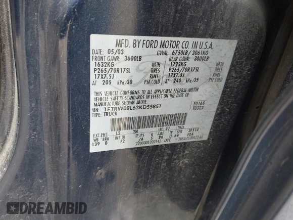 2003 Ford F-150 XLT with VIN 1FTRW08L63KD55851, listed as a IAAI auction lot 42359388 with Not provided miles and . Bid and sale history available at DreamBid. Image 9.