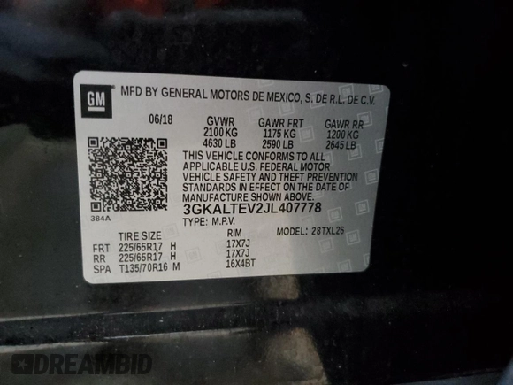 2018 GMC Terrain SLE z VIN 3GKALTEV2JL407778, wystawiony jako Copart lot #56583335 z przebiegiem 72 764 mil mil oraz Szkody całkowita. Historia ofert i sprzedaży dostępna na DreamBid. Obrazek 14.