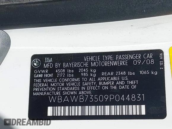 2009 BMW 3 Series 335i with VIN WBAWB73509P044831, listed as a IAAI auction lot 42838917 with 154,378 mi miles and . Bid and sale history available at DreamBid. Image 9.