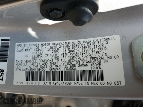 2013 Toyota Tacoma with VIN 3TMLU4EN8DM110455, listed as a Copart auction lot 60252235 with 119,702 mi miles and Salvage title. Bid and sale history available at DreamBid. Image 13.