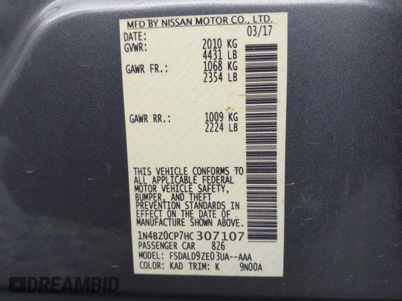2017 Nissan LEAF SV with VIN 1N4BZ0CP7HC307107, listed as a IAAI auction lot 42131293 with 48,067 mi miles and . Bid and sale history available at DreamBid. Image 9.