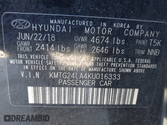 2019 Genesis G70 2.0T Sport with VIN KMTG24LA4KU016333, listed as a IAAI auction lot 41536018 with 70,587 mi miles. Bid and sale history available at carsss.com. Image 9.