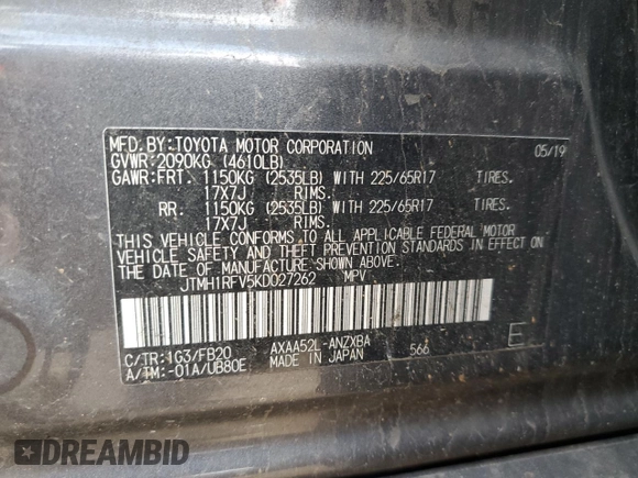 2019 Toyota RAV4 LE with VIN JTMH1RFV5KD027262, listed as a Copart auction lot 53493345 with 122,617 mi miles and Salvage title. Bid and sale history available at DreamBid. Image 12.