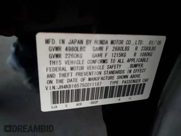 2005 Acura RL z VIN JH4KB16575C011187, wystawiony jako Copart lot #60276655 z przebiegiem 107 378 mil mil oraz Szkoda całkowita • Salvage title. Historia ofert i sprzedaży dostępna na DreamBid. Obrazek 12.