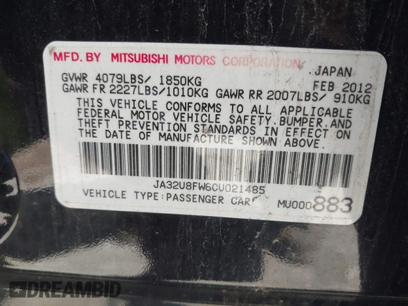 2012 Mitsubishi Lancer GT with VIN JA32U8FW6CU021485, listed as a IAAI auction lot 42159256 with 138,455 mi miles. Bid and sale history available at carsss.com. Image 9.
